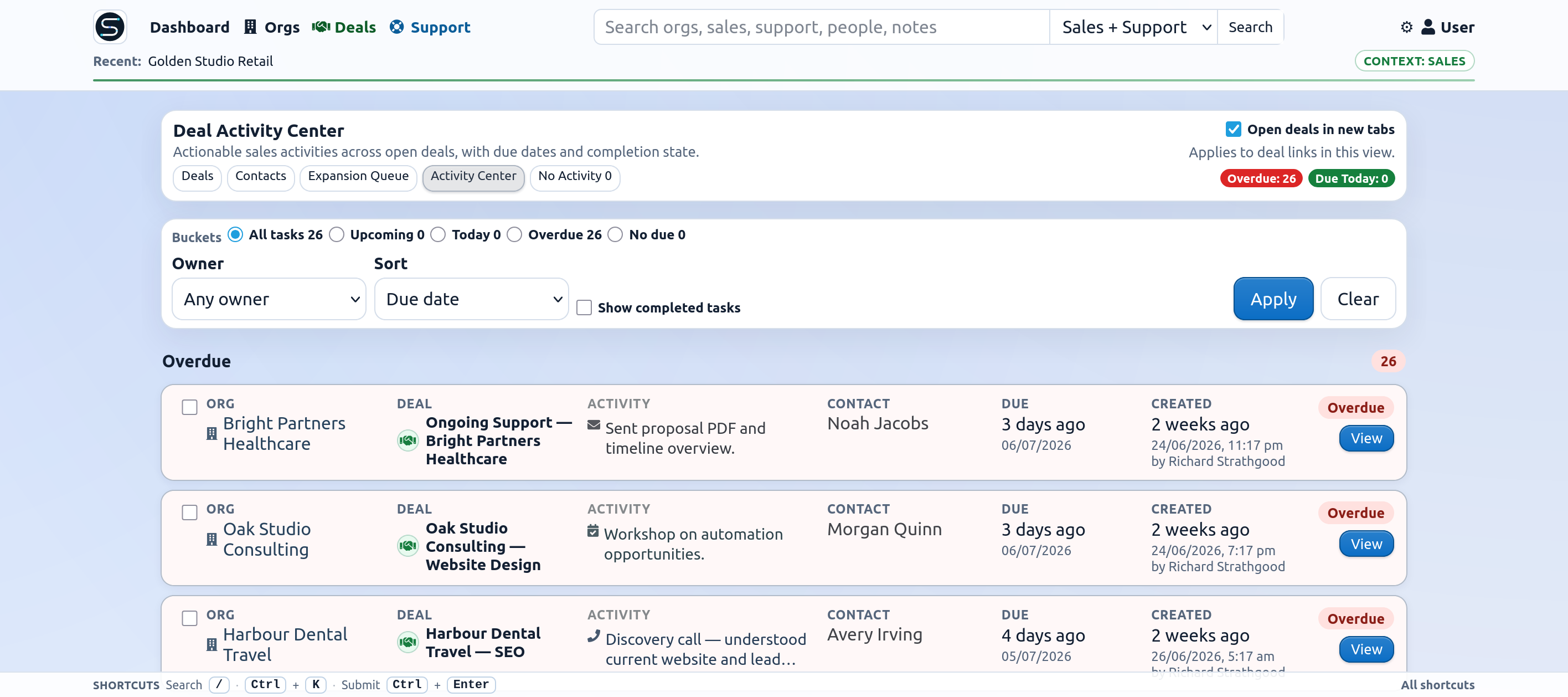Sloggr deal activity center with logged calls and open tasks