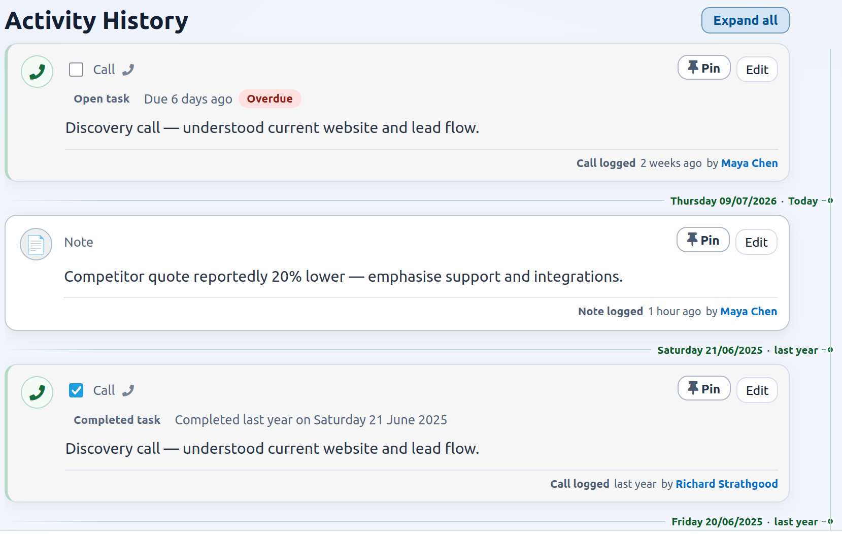 Deal updates and history timeline
