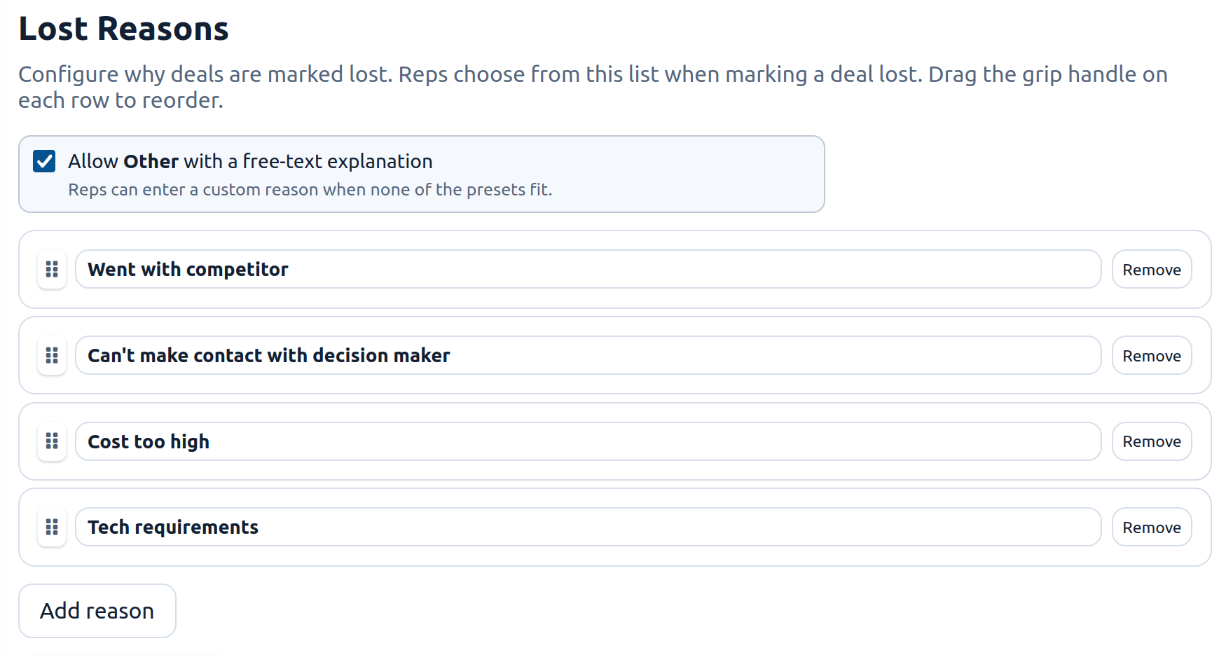 Configurable lost reasons for deals