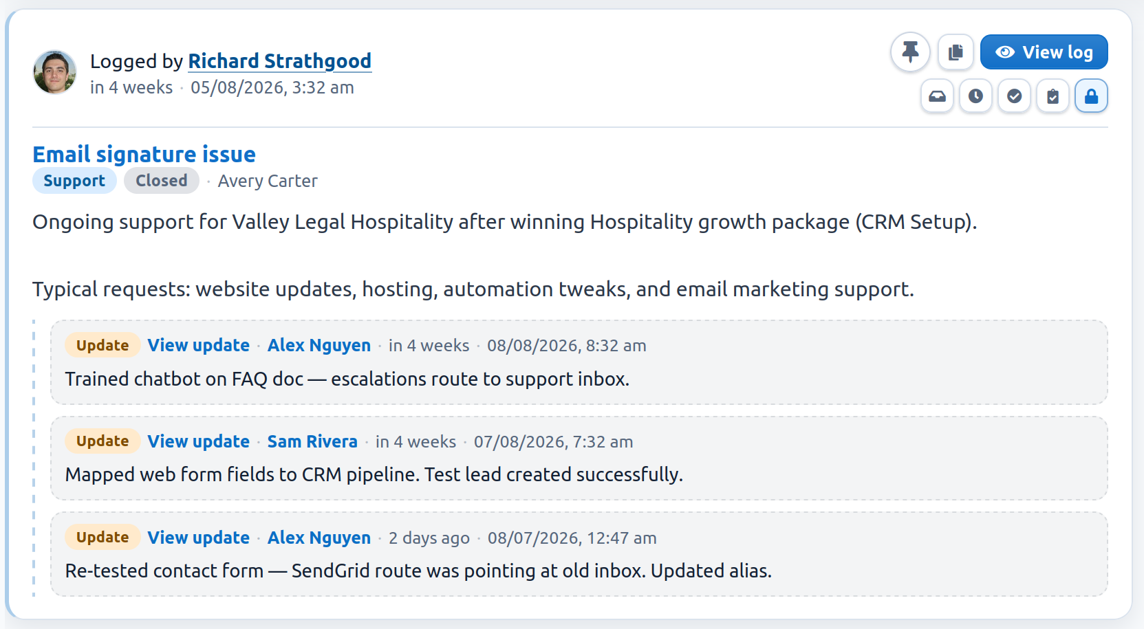 Support ticket with nested updates from the team